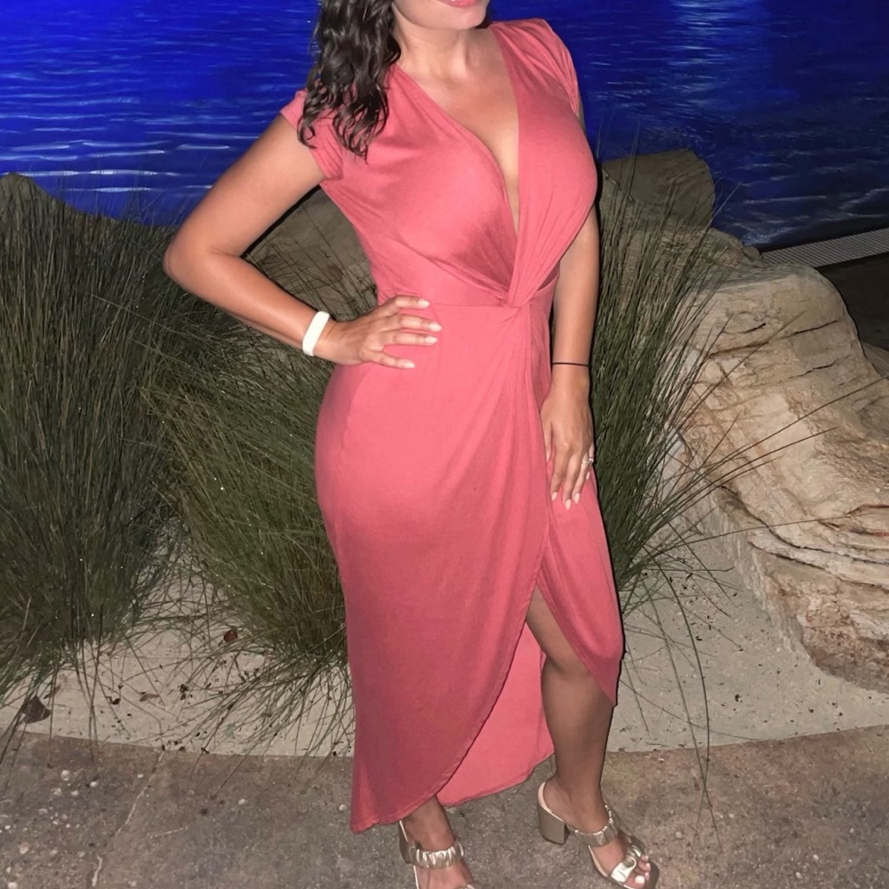 Coral Wrap Midi Dress with Front Slit